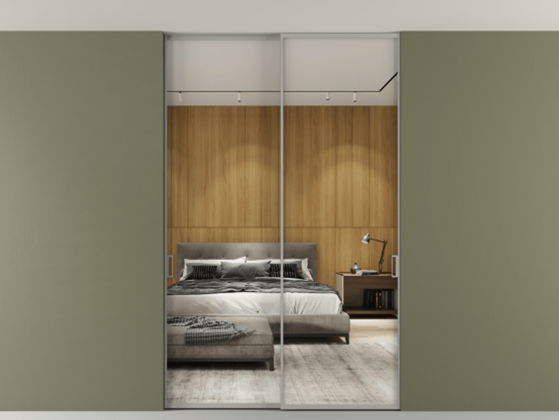 Перегородка Formato внутри проёма двустворчатая со скрытым креплением в потолок АЛПР 040.01 Алюминий нейтральный серый Двустороннее зеркало, триплекс 6 мм, триплекс 6 мм.  Цена 261640 ₽ 1. Полотно 2 шт. (800/2100 мм)
 2. Комплект установки раздвижной системы
 3. Базовый комплект фурнитуры
4. Ручка RONDO. Фабрика дверей Волховец 8 (800) 551 43 19  Перегородка Formato внутри проёма двустворчатая со скрытым креплением в потолок АЛПР 040.01 Алюминий нейтральный серый Двустороннее зеркало, триплекс 6 мм, триплекс 6 мм Цена 261640 ₽ | Volhovec