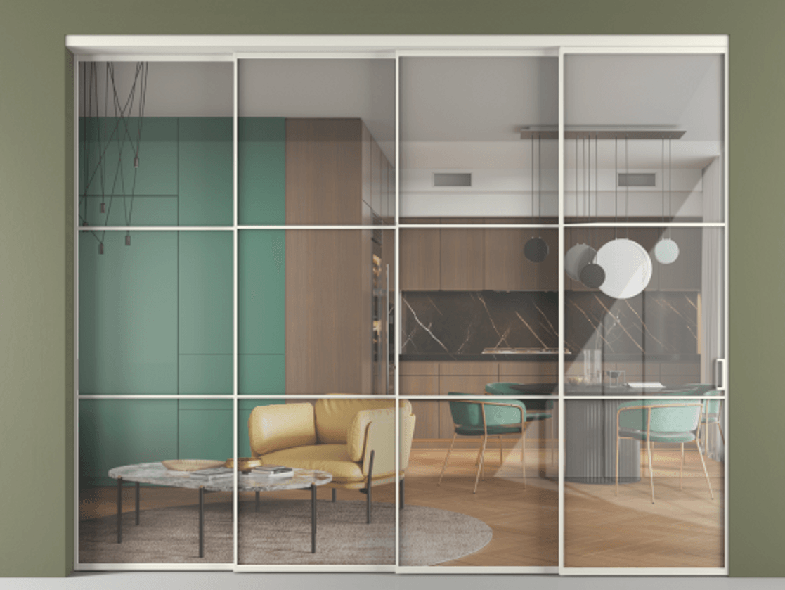 Перегородка Формато внутри проёма 4 створки с синхронным механизмом АЛПР 040.03 Алюминий Белый Рефлективное прозрачное стекло "Стопсол", калёное Цена 551500 ₽ | Volhovec