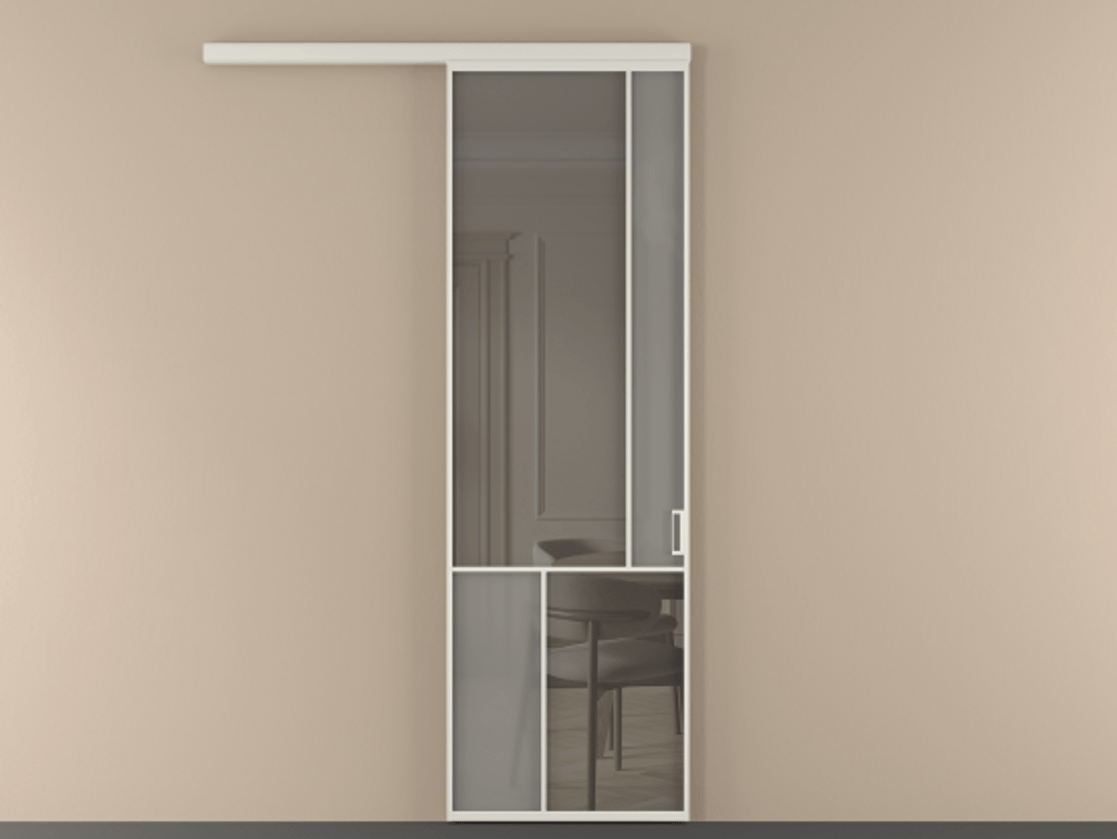 Перегородка Мозаик вдоль стены 1 створка АЛПР 041.21 Алюминий Белый Сатинированное серое стекло, триплекс, 6 мм + Прозрачное серое стекло, триплекс Цена 131390 ₽ | Volhovec